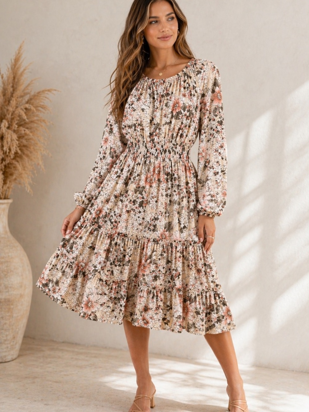 Kate & Lily Boho Floral Midi Dress Size 14 Smocked Waist